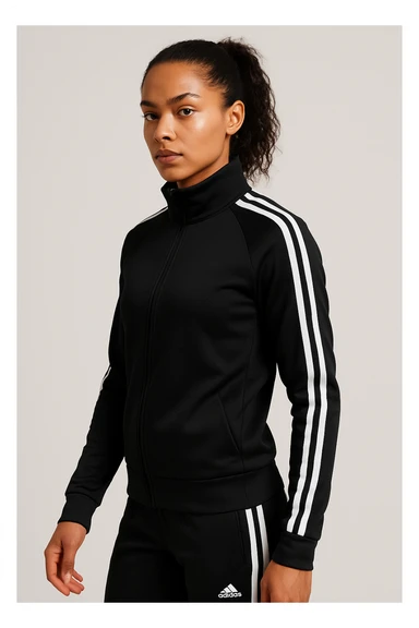 person wearing a modern black sports outfit with three clear white stripes down the side of the arms, neutral background, modern athletic look sticker