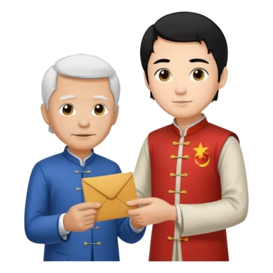 a young student with morden T-shirt and black hair, who is handing letter to a old man official with white hair chinese tunic suit sticker