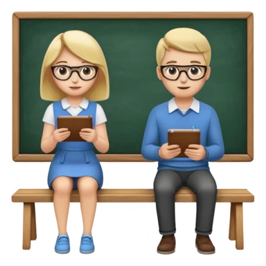 Girl is teaching a guy how to make emojis. Girl at blackboard, guy on bench learning. sticker