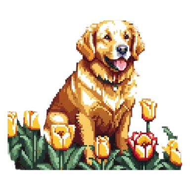 golden retriever surrounded by tulips sticker