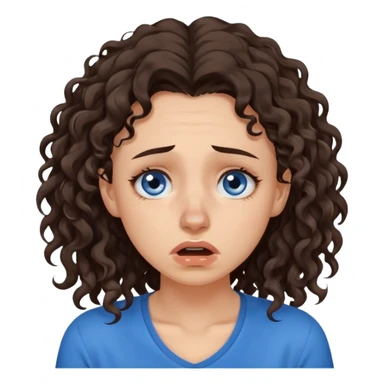 white young pretty woman long dark brown CURLY hair, with a blue shirt, in despair crying, brown eyes, septum nose piercing sticker