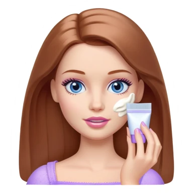 Barbie girl Chestnut Shoulder-length hair and blue eyes is In pale purple applying cream on face sticker