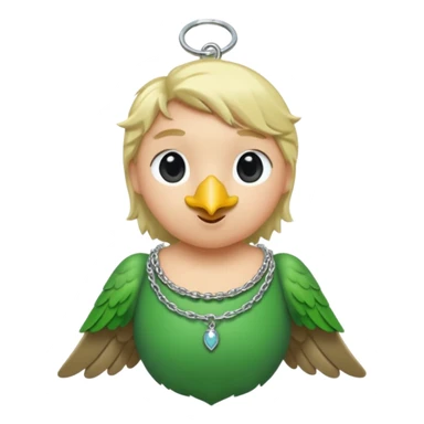 un oiseau classique tout vert avec un collier autour de son cou avec des breloque argentées et un seul poil blond qui fait une petite bouclette sur le front le collier est autour du coup de l’oiseau entre la tête et le corps sticker