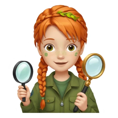 braid orange haired girl kid in moss green explorer outfit, holding magnifying glass, smile sticker
