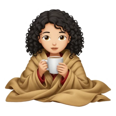 Tan light girl with curly black hair I nside a blanket sipping coffee eyes closed sticker