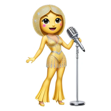 Create a glamorous and vibrant emoji representing stage vocal performance. The design should feature a humanless collage of classic vintage microphone, stage costume covered in rhinestones, large scene speakers, scene lights. The costume should be stylized, with glittering elements like sequins and sparkles, and reflect the glitzy, extravagant nature of show business. The microphone should have a sleek, retro look with chrome or metallic accents. Use rich, dazzling colors like gold, silver, deep purple, and bright red to evoke the glamorous, larger-than-life feel of a stage performance. The background should be transparent. sticker