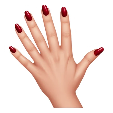 left hand of a woman with all five fingers painted in dark red nail polish, glossy finish, deep saturated red, smooth gradient, minimal details, clean and shiny
 sticker