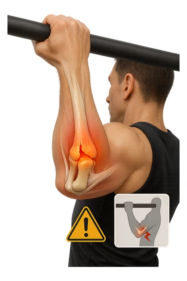 3D, vertical anatomical visualization: close-up of a man’s elbow during a pull-up, with the internal anatomy visible. A clear rupture or lesion is shown in the tendon or ligament, colored in red and orange. Swelling and inflammation are depicted around the joint. A warning icon and a small infographic explain the mechanism of injury. sticker