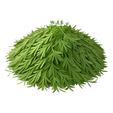 loose sprinkle of fine, feathery green herb flakes, dry airy texture, muted earthy green tones, delicate thread-like pieces, unevenly scattered, evoking dried dill leaves, soft lighting, subtle shadows, emoji scale sticker