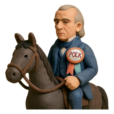 Polk riding a dark horse, campaign ribbon, soft pastel colors, claymation style sticker