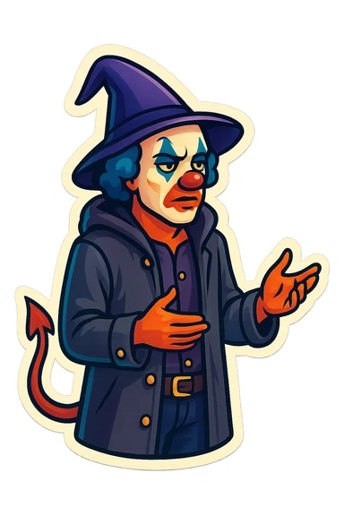 evil clown wizard in a 3/4 length unbuttoned coat with a hood, calm and serious, gesturing with hands while speaking, no pentagram, no robe, no spells, visible tail sticker