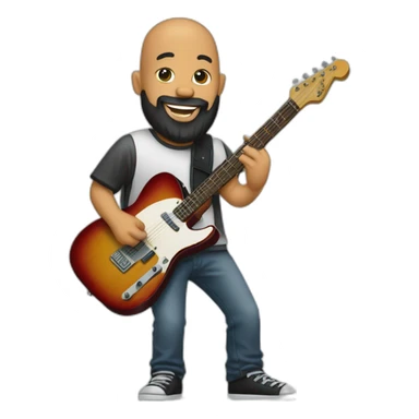 bald and black beard guitarrist with a fender telecaster sticker