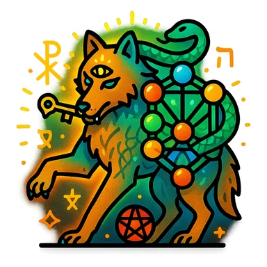 logo icon for the song 'الذيب المترنح' featuring a staggering wolf in an unsteady pose leaning to one side, holding a small key in its mouth, serpent coiled around it symbolizing Gnosticism, subtle integration of the Tree of Life from Kabbalah in the background or as part of the wolf's body, third eye on the wolf's forehead for Hermetic philosophy, small pentagram near the wolf's feet for occult science, vibrant shiny striking colors gold silver bright blue green red orange with high contrast and glowing effects, luminous aura surrounding the wolf, subtle Hebrew letters and occult symbols for depth, clean precise lines, balanced composition, scalable vector icon, compatible with light and dark backgrounds sticker