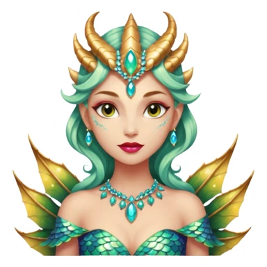 Am amazing blend of a half dragon woman with glittering jeweled scales covering her body. She has large almond shaped eyes, lush lips, and she wears a stunning luminescent gown. sticker