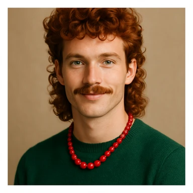 handsome red-haired man with curly mullet and mustache, green sweater, red necklace, stylish and charming sticker