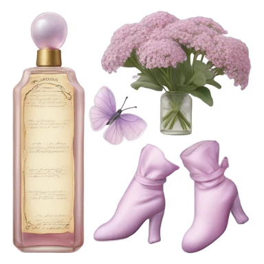 Aesthetic setup of pastel pink alyssum, a charming antique violet perfume bottle, a romantic letter, and lilac velvet gloves. sticker