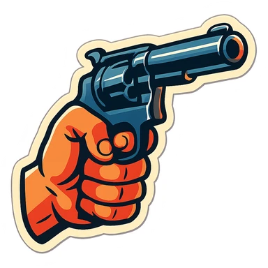 male hand holding a revolver, retro stickers style, sharp black outlines, expressive shadows and highlights, no gradients, only sharp color transitions sticker