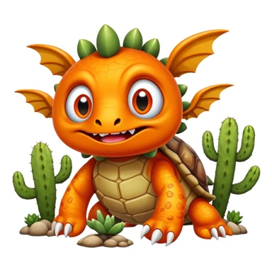 An orange creature with fangs, alien googly eyes, claws, wings, with white dots, and a turtle shell. it looks strong. with a lion face and cactus hands sticker