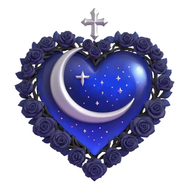 gothic heart made of midnight blue glass with silver crescent moon, tiny black roses, shimmering stardust, swirling galaxy background, rain-soaked look, glowing rune pattern sticker