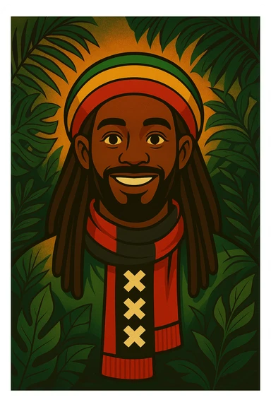 “Create a powerful illustrated portrait of a smiling man with long dreadlocks, wearing a colorful red, gold, and green knitted tam. The background has jungle leaves and warm lighting. Style: vibrant digital art, modern, bold lines, reggae vibe. With a Amsterdam colour scarf around his neck I gave a idea sticker