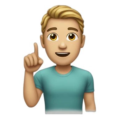 A person with a very marked jaw, pointing at it sticker