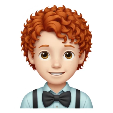 redhead kid with unique face features and very curly hair kid boy happy and braces on teeth, wearing a bow on head sticker
