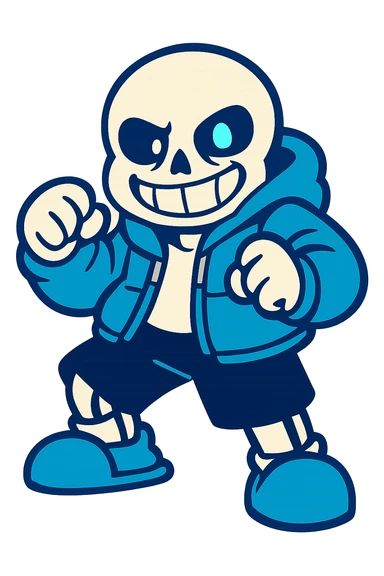 Sans from Undertale in a fighting pose, blue and white color palette sticker