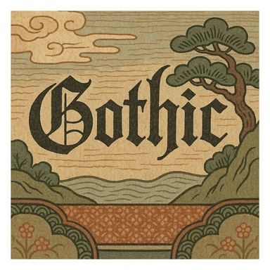 the word 'Gothic' in ornate gothic calligraphy, ukiyo-e style sticker