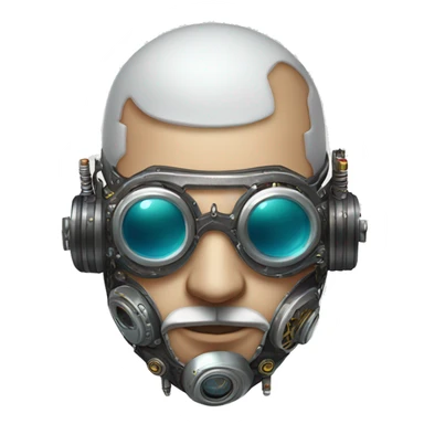 Bald cyborg head with silver steampunk goggles, white beard and circuits sticker