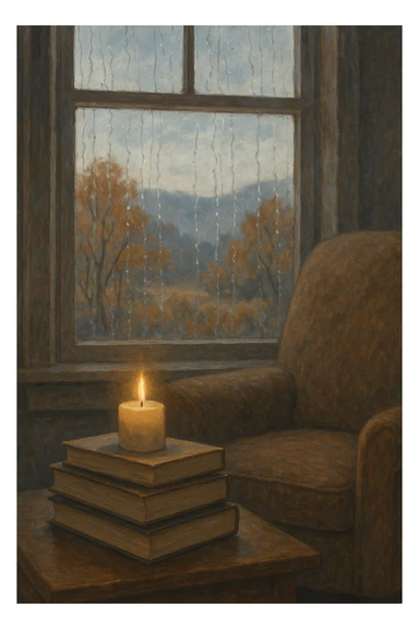 stack of books, a lit candle, and a cozy armchair by a window with rain streaks and autumn scenery in cool, muted colors sticker