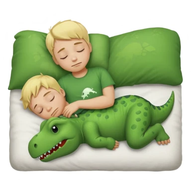 Blond boy sleeping wearing green dinosaur t-shirt sticker