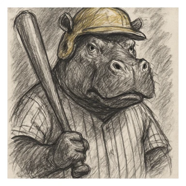 hippo holding a baseball bat, wearing a yellow helmet, pinstripes outfit sticker