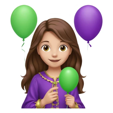 girl with long brown hair and purple costumes, holding green balloon sticker