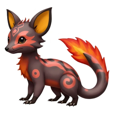 Rare tropical warm-colored exotic cute epic aesthetic colorful Salandit-Eevee-Civet-species-Fakemon-hybrid-creature, with wild fiery markings, full body sticker