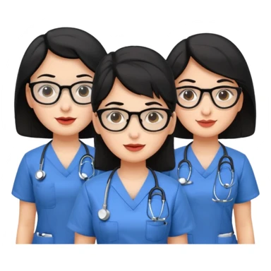 Genera un emogis con cuatro enfermeras pelinegra juntas, entre ellas una con lentes y otra con lunar encima del labio sticker