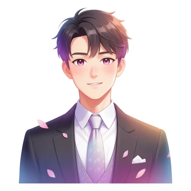 Gorgeous romantic anime style Asian formal modern gentlemanly guy with pretty hair and flower petals and blushing face aesthetic trending style with colorful gradient colors  pastelcore cottagecore kawaiicore sticker