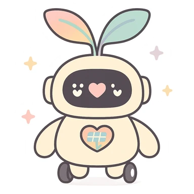 Plushy, rounded seedling robot with soft, plush-like forms. Its body resembles a young sprout with smooth lines. Large round sensor-display eyes that change expressions (❤️ for good harvest, ⚠️ for problems). Two movable leaf antennas on the head that move when working (one twitches when collecting data, both rise up when analysis is successful). On the chest — a stylized heart with solar panels that glows softly when charging. Short, slightly clumsy arms and legs like a baby robot. On the paws — suckers or tiny wheels to "roll" around the greenhouse. sticker
