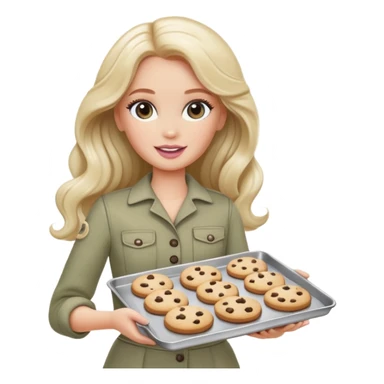 A white Barbie girl with long dark brown wave hair in a pale olive clothes holds a Baking tray with cookies sticker