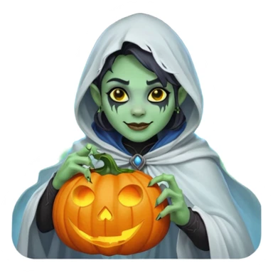 female orc ghost emoji, green skin, tusks, gentle smile, wearing flowing white ghost cloak with black eye holes, holding pumpkin lantern, faint glowing blue mist, Halloween fantasy, smooth Apple emoji style, white background, square sticker