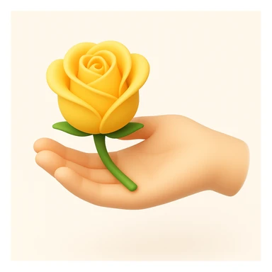 3D iOS style illustration of a hand gently holding a yellow rose, soft rounded shapes, pastel colors, smooth shading, white or light background, inspired by iOS emoji aesthetics. sticker