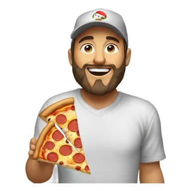 Happy brunette man with beard in a plain baseball cap and hoodie happily eating pizza sticker
