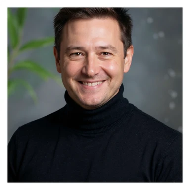 Vertical portrait, only the man's face, realistic style: smiling expression, symbols of leaves and flowing water near the face, atmosphere of purification and vitality. sticker