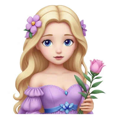 Cinematic Realistic Rapunzel Portrait, with porcelain-like skin featuring a subtle, natural glow, illuminated by soft lighting that brings out the gentle contours of her face. Her long, golden blonde hair cascades in detailed waves, each strand highlighted with a radiant shimmer as it catches the light. She playfully holds a flower in one hand, her other hand resting casually in her lap, with a warm and spirited expression. Her bright, expressive green eyes exude curiosity and warmth, framed by delicate lashes and soft, arched brows. She is dressed in her classic lavender and pink gown, the fabric textured with delicate folds that flow naturally, catching the light with a soft, radiant glow. The portrait captures a luminous, enchanting aura, seamlessly blending realism with a whimsical, fairytale charm, evoking a timeless sense of beauty and magic. sticker