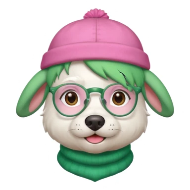 fully white dog, green haired, glassess and a pink hat sticker