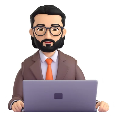 professional middle eastern businessman with well-groomed medium length black beard, neat black hair, connected eyebrows, elongated nose, tan skin, brown eyes, modern glasses, wearing perfectly pressed business casual outfit, efficiently working on a laptop sticker