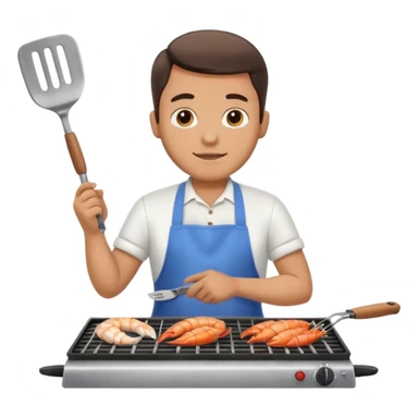 man grilling seafood on a sizzling grill sticker