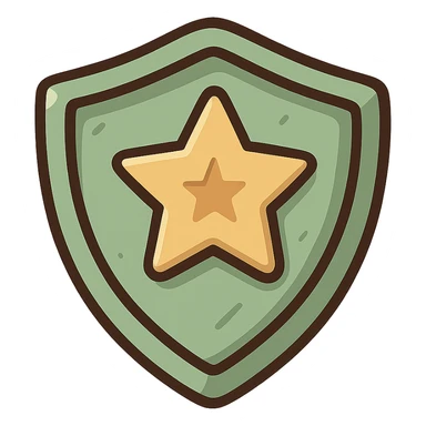 flat design style game icon of a green shield with a star emblem, flat colors, modern look sticker
