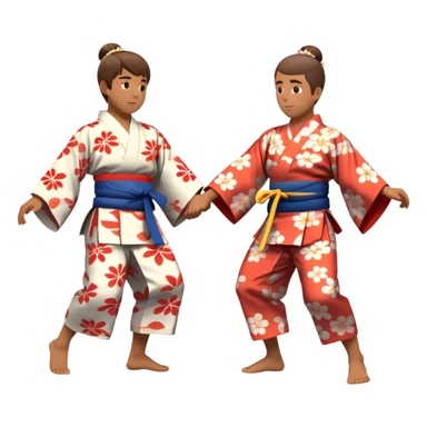 Cinematic Realistic scene of two performers engaging in Bon Odori, dressed in traditional yukata with intricate summer patterns, captured in graceful, rhythmic motion with warm, festive lighting sticker