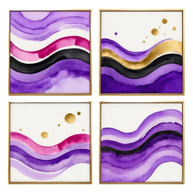 Black, white, gold, purple, abstract Watercolor paintings on three small canvases hanging next to each other  sticker