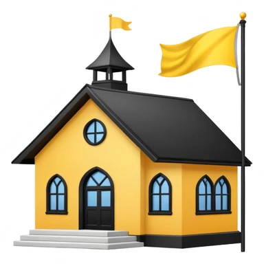white background, magic school, black roof, with a big flag, big flag on a roof, big yellow flag, white school sticker